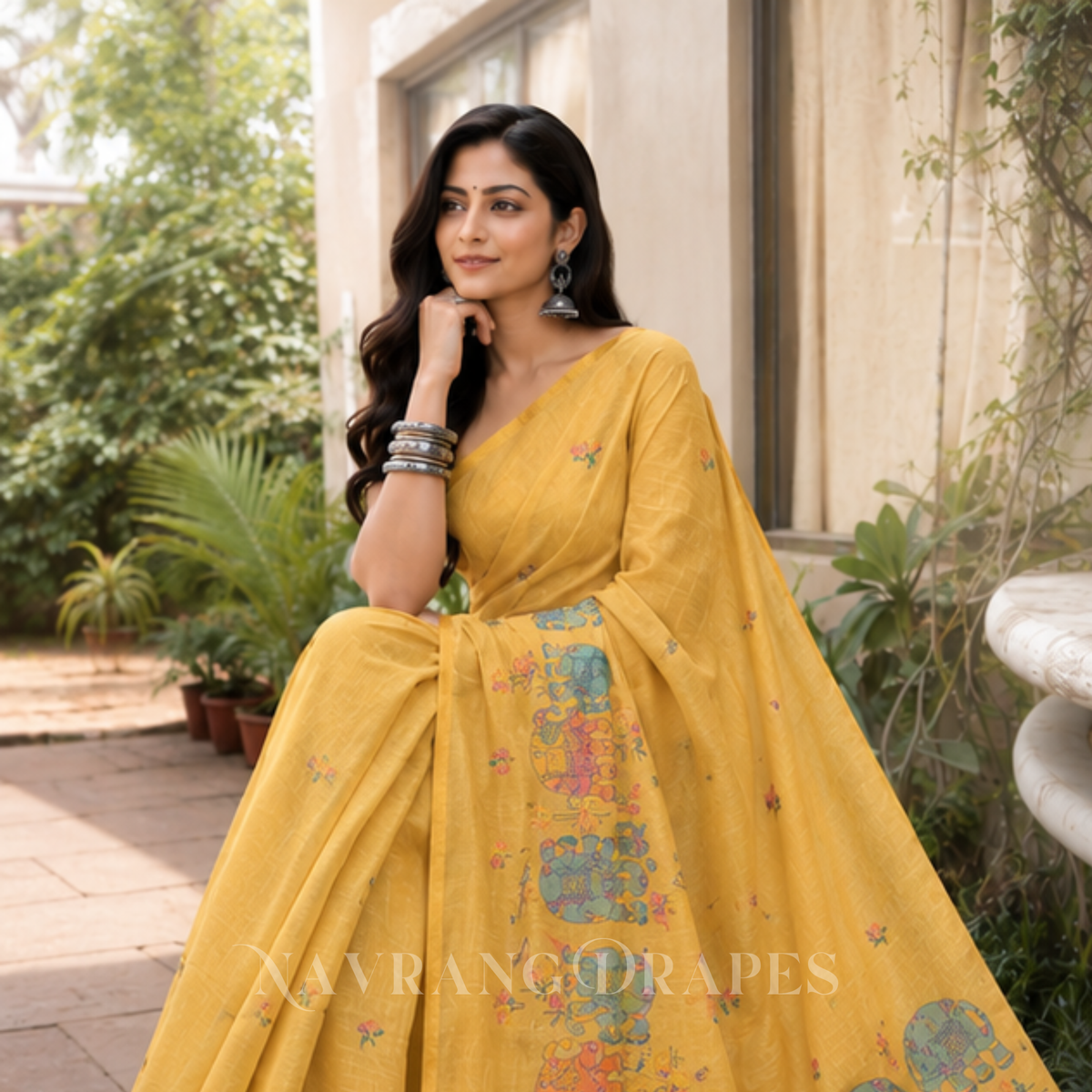 ELEPHANT MOTIF HAND WORK SAREE | YELLOW