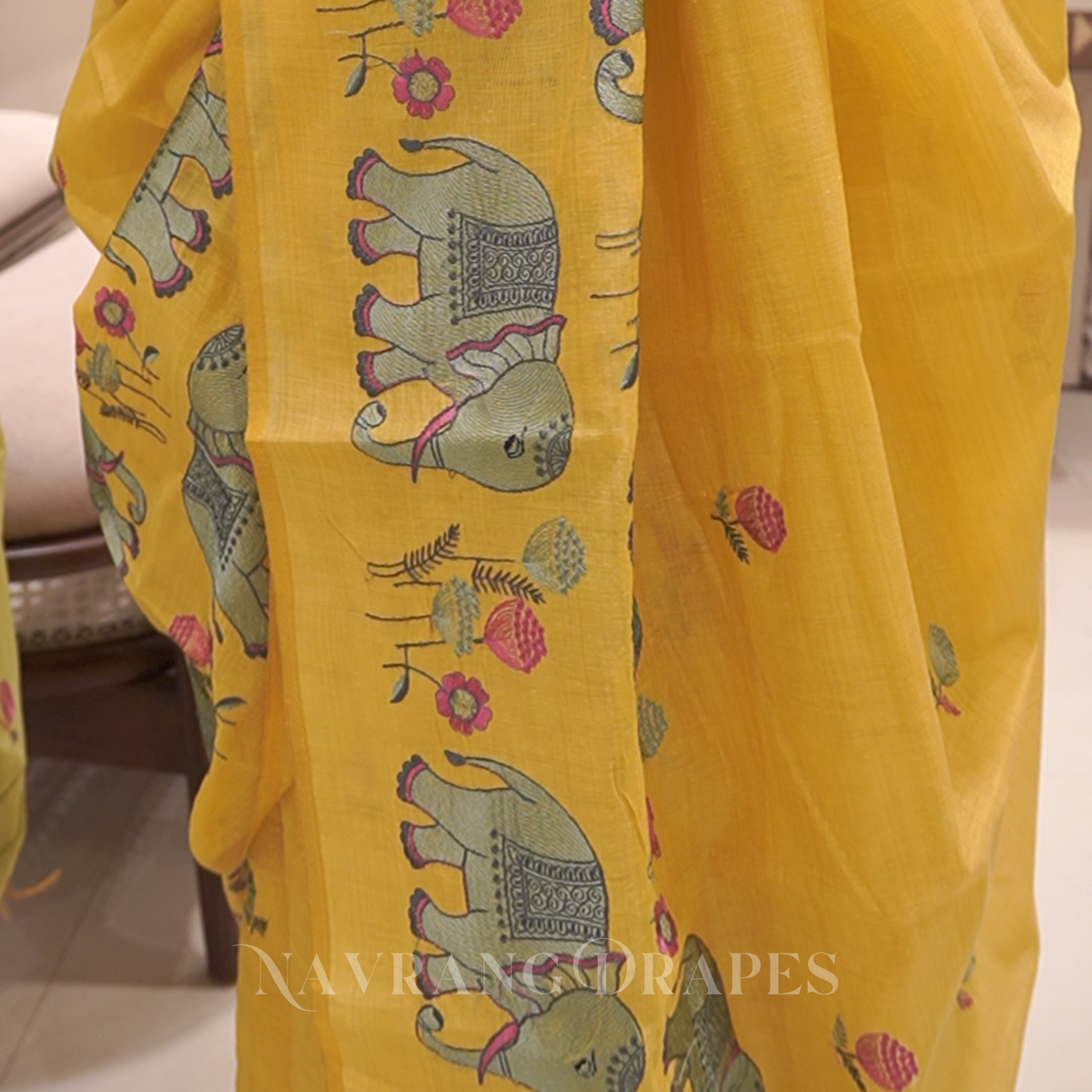 ELEPHANT MOTIF HAND WORK SAREE | YELLOW