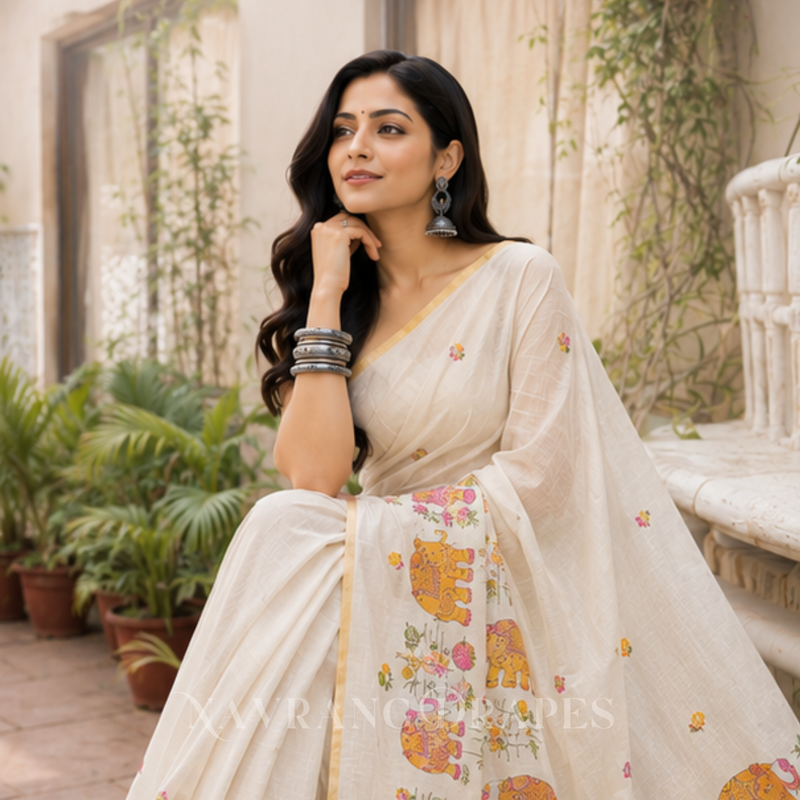 ELEPHANT MOTIF HAND WORK SAREE | CREAM