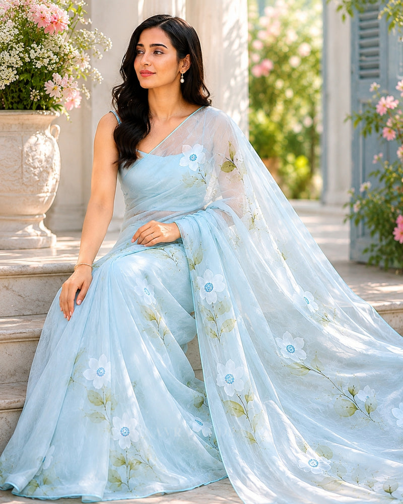 Tanya’s Canvas | Hand-Painted Glass Tissue Silk Saree | Pastel Blue