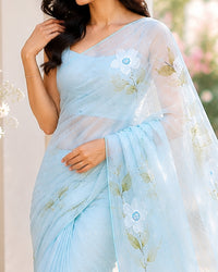 Tanya’s Canvas | Hand-Painted Glass Tissue Silk Saree | Pastel Blue