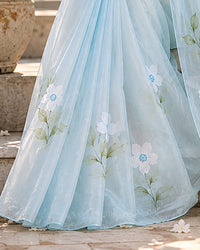 Tanya’s Canvas | Hand-Painted Glass Tissue Silk Saree | Pastel Blue