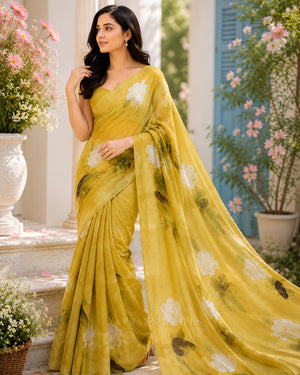 Tanya’s Canvas | Hand-Painted Glass Tissue Silk Saree | Pastel Yellow
