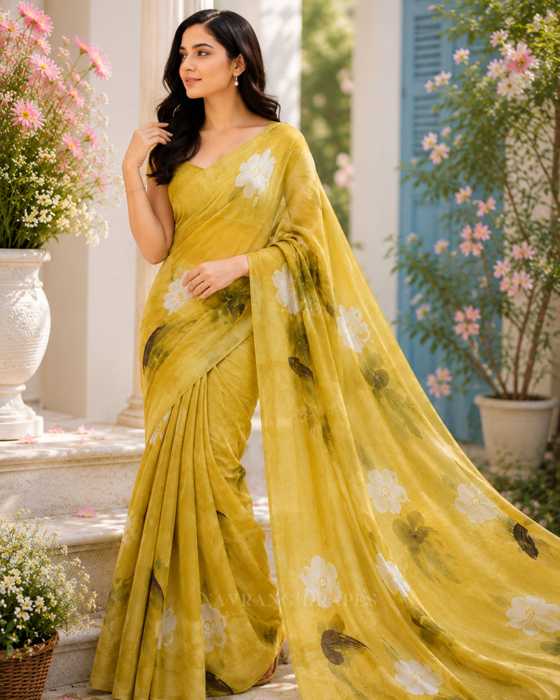 Tanya’s Canvas | Hand-Painted Glass Tissue Silk Saree | Pastel Yellow