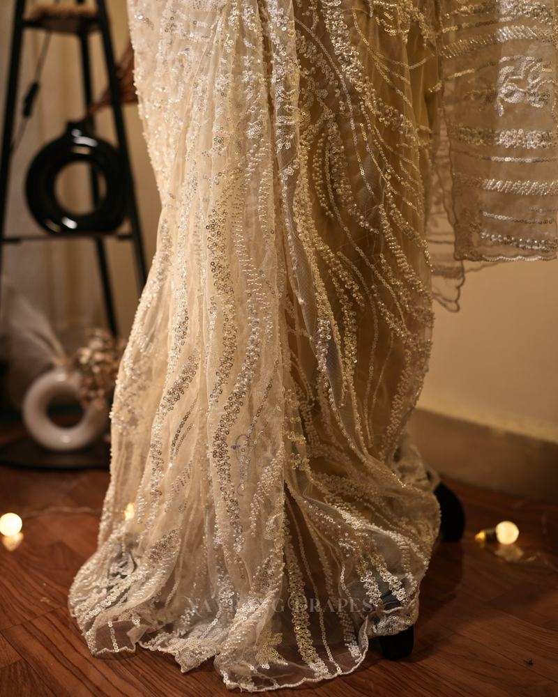 Luxe Mesh | Premium Soft Net Saree with Sequin Handwork | White