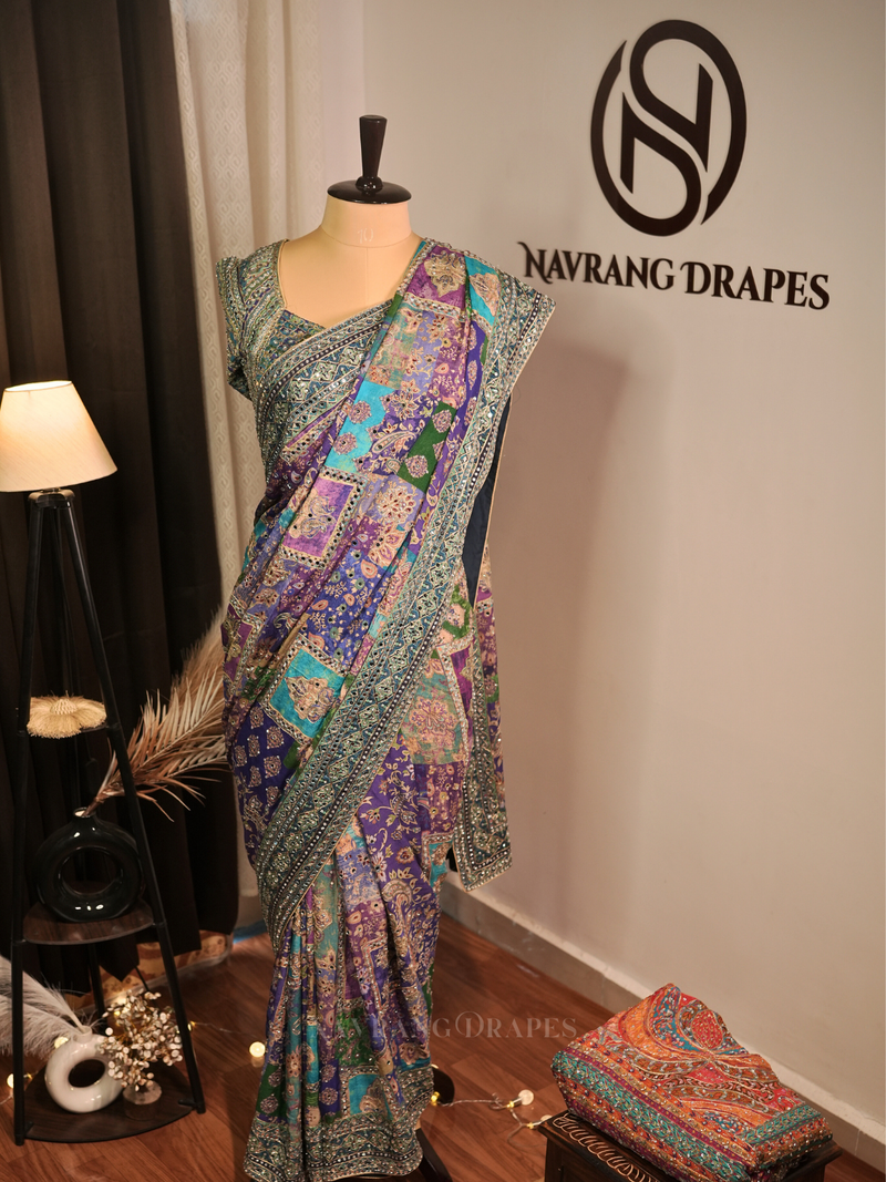 Tamaswini – Blue Crepe Saree with Hand & Mirror Work