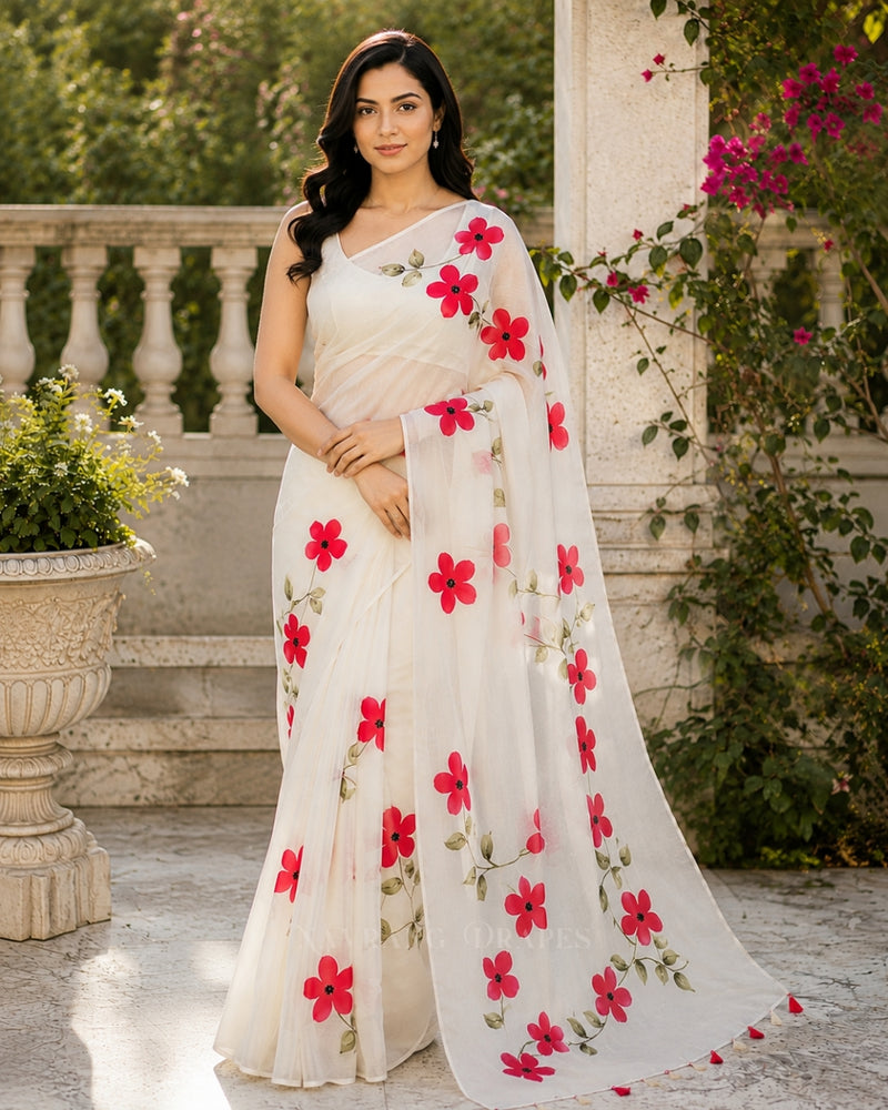 Tanya’s Canvas | Hand-Painted Glass Tissue Silk Saree | White