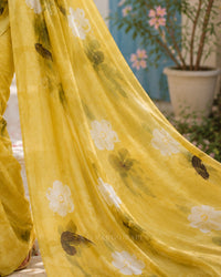 Tanya’s Canvas | Hand-Painted Glass Tissue Silk Saree | Pastel Yellow