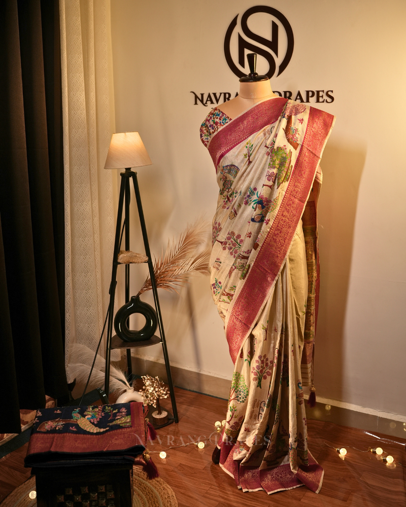 Meena Glow | Premium Meenakari Silk Saree with Artistic Embroidery | Blue