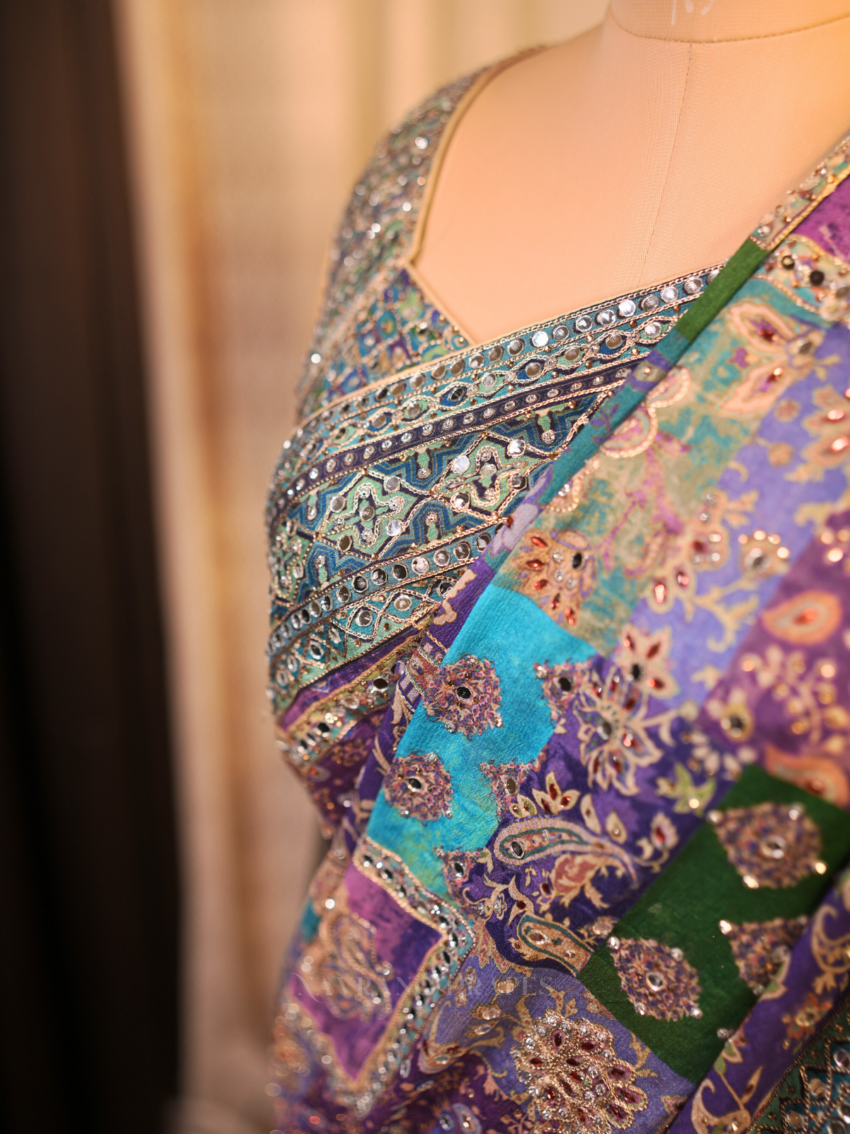 Tamaswini – Blue Crepe Saree with Hand & Mirror Work