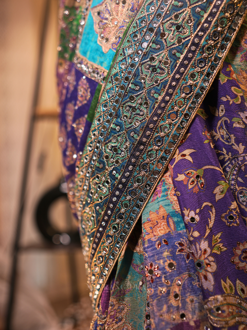 Tamaswini – Blue Crepe Saree with Hand & Mirror Work