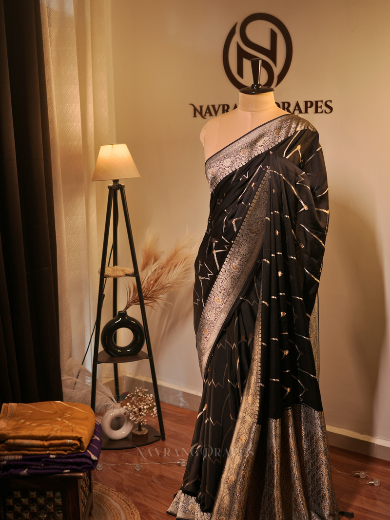 Royal Gajji | Gajji Silk Saree with Gold & Silver Zari Work | Black