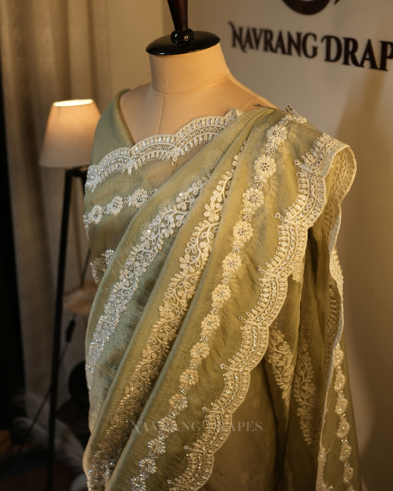 Nazakat | Soft Tissue Saree with Pearl & Thread Work Border | GREEN