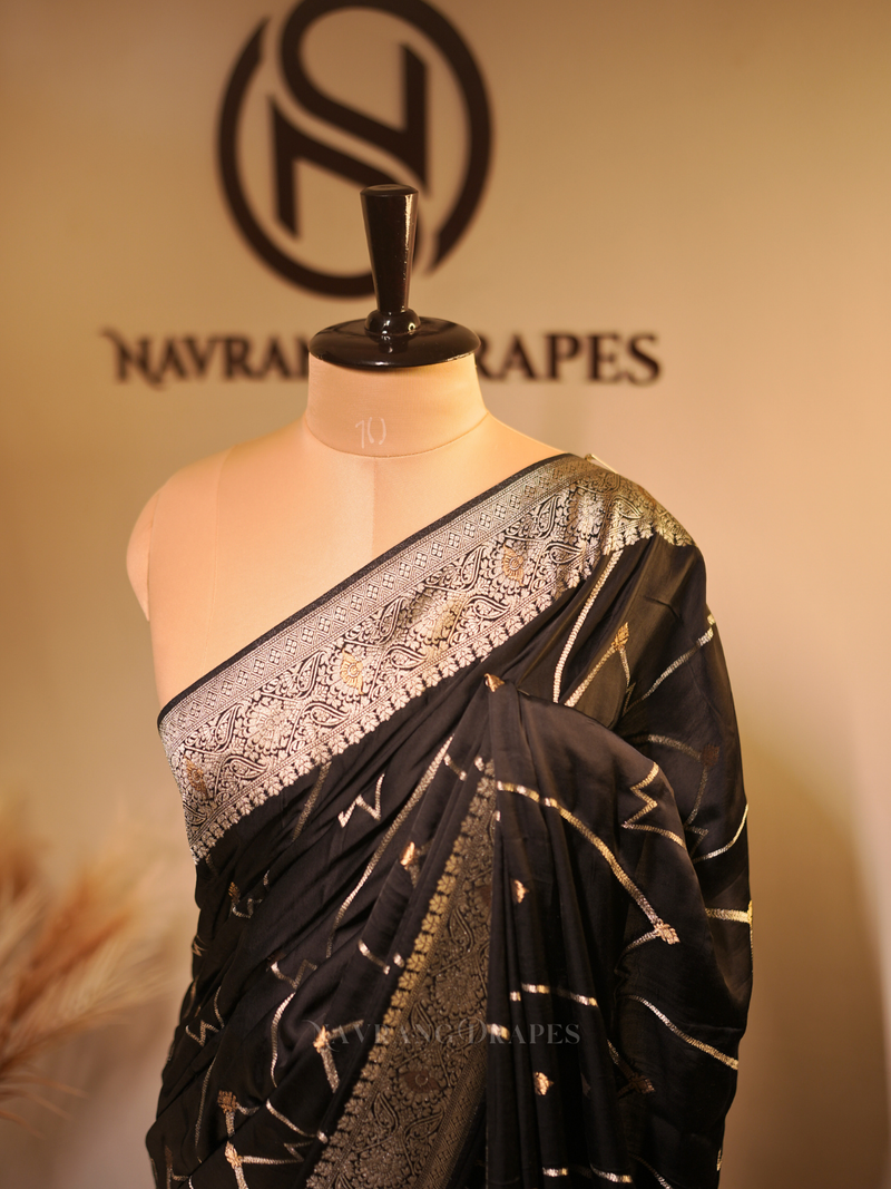 Royal Gajji | Gajji Silk Saree with Gold & Silver Zari Work | Black
