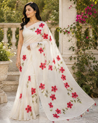 Tanya’s Canvas | Hand-Painted Glass Tissue Silk Saree | White