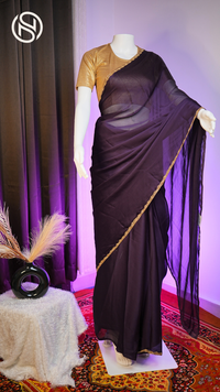 Minimal Luxe | Designer Plain Saree with Pearl & Beads Border | Purple
