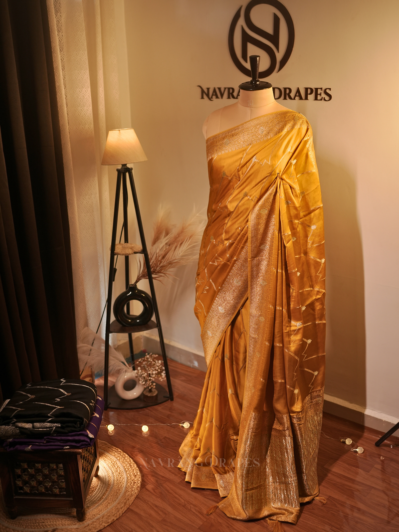 Royal Gajji | Gajji Silk Saree with Gold & Silver Zari Work | Yellow