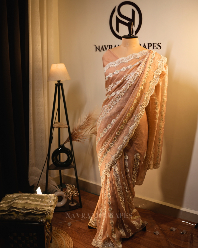 Nazakat | Soft Tissue Saree with Pearl & Thread Work Border | Peach