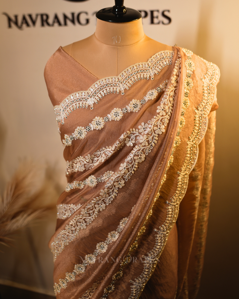 Nazakat | Soft Tissue Saree with Pearl & Thread Work Border | Peach