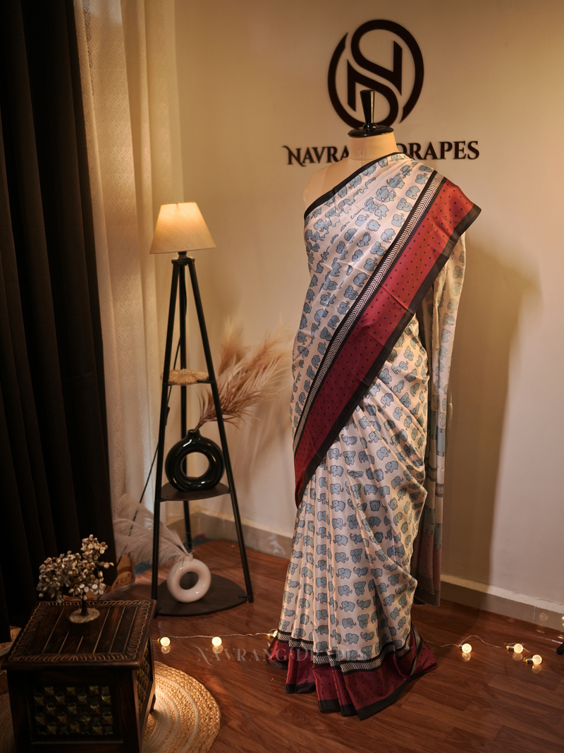 Modern Diva | Soft Silk Saree with Contemporary Print | White