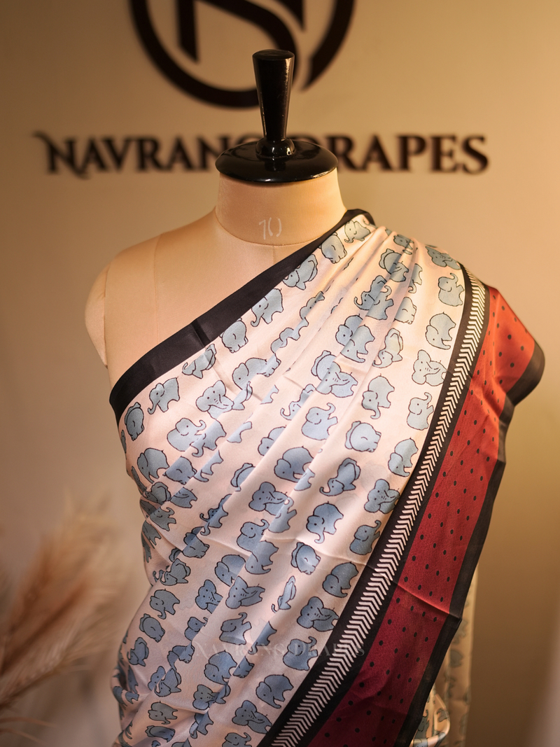 Modern Diva | Soft Silk Saree with Contemporary Print | White