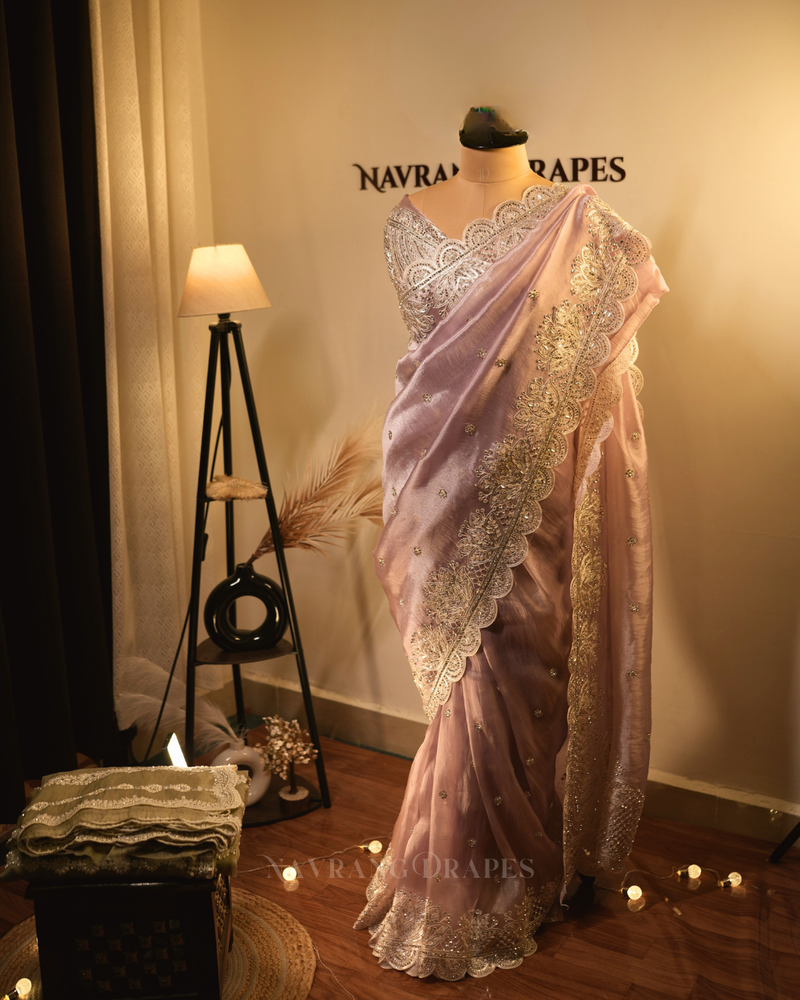 Weave Glow | Soft Tissue Saree with Floral Gotta Patti Work | Onion Pink