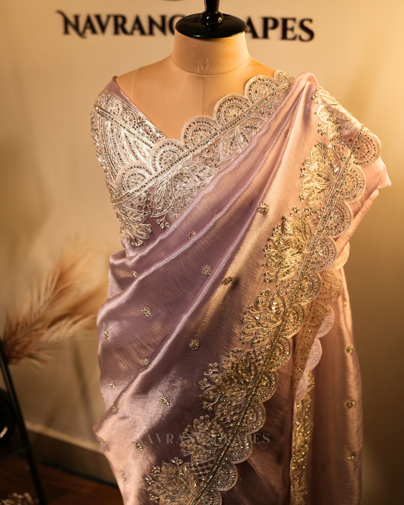 Weave Glow | Soft Tissue Saree with Floral Gotta Patti Work | Onion Pink