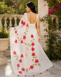 Tanya’s Canvas | Hand-Painted Glass Tissue Silk Saree | White