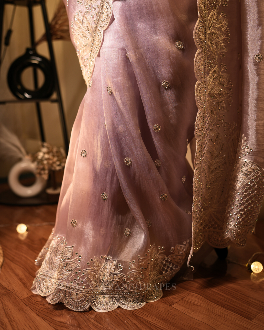 Weave Glow | Soft Tissue Saree with Floral Gotta Patti Work | Onion Pink