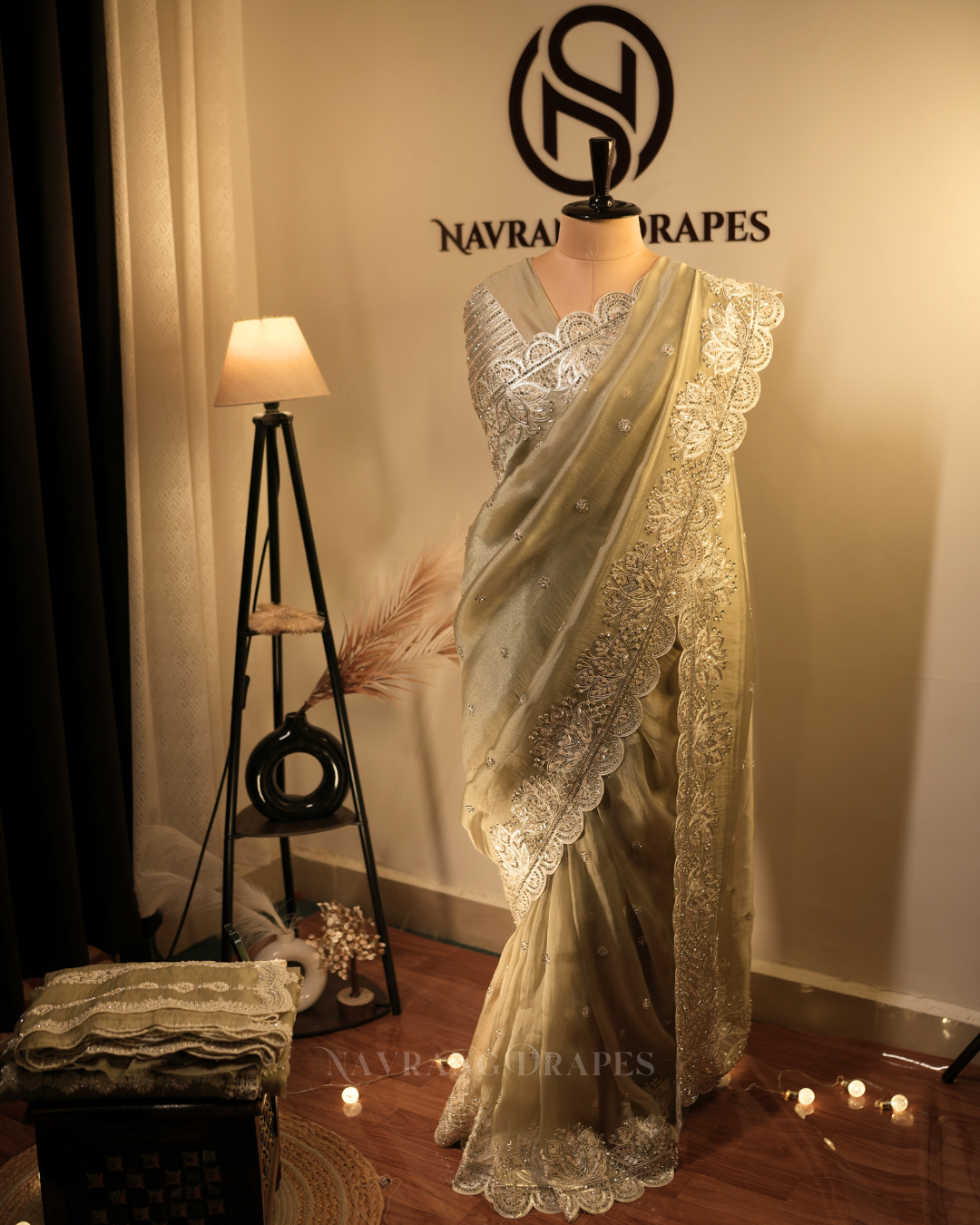 Weave Glow | Soft Tissue Saree with Floral Gotta Patti Work | Pastel Green