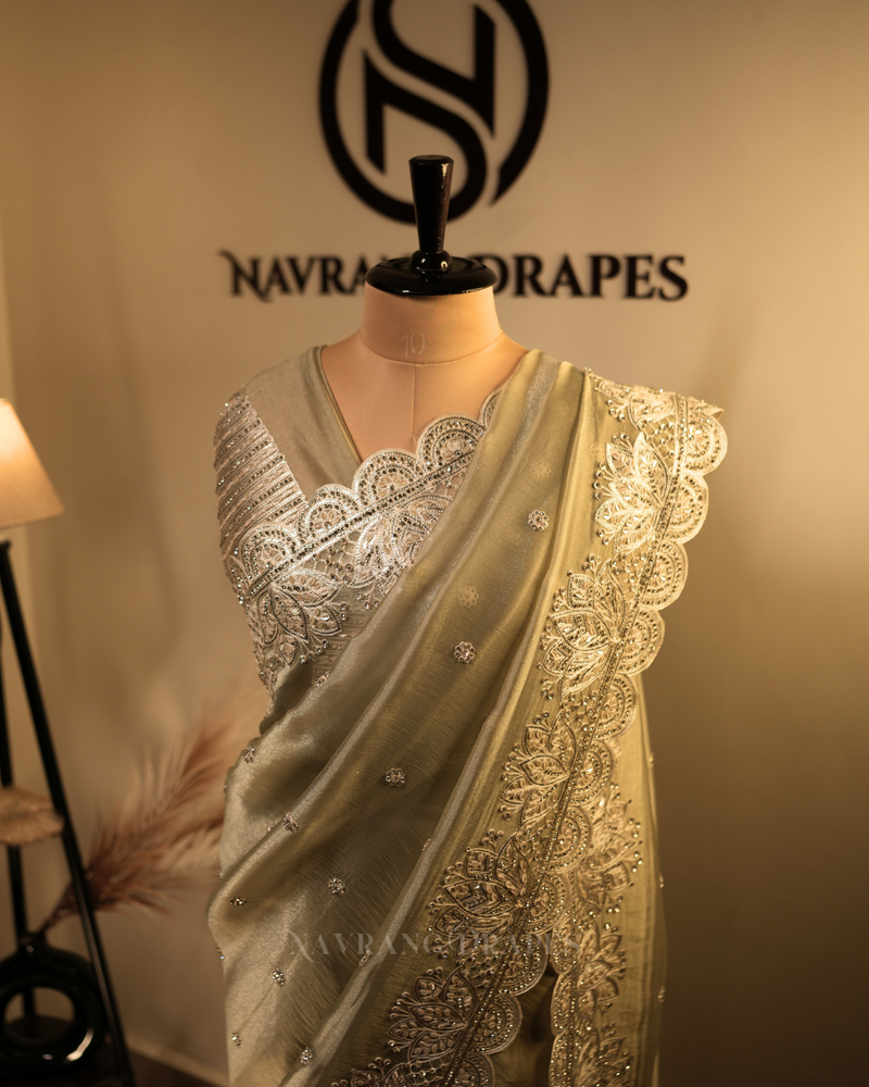 Weave Glow | Soft Tissue Saree with Floral Gotta Patti Work | Pastel Green