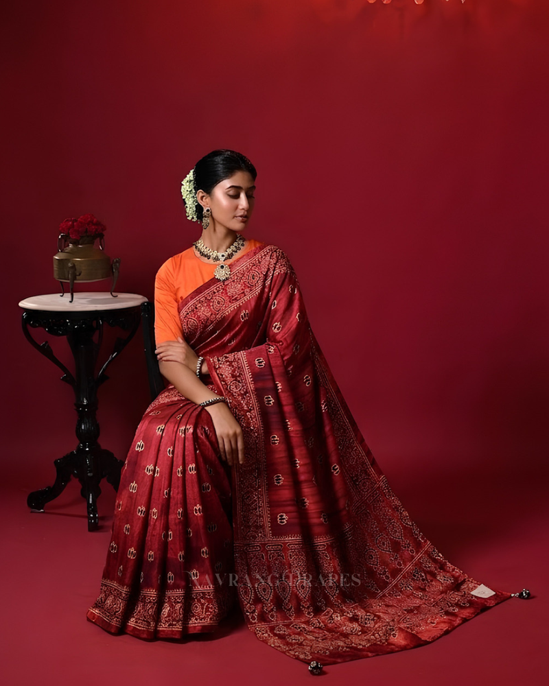 Crimson Ajrakh – Handcrafted Saree