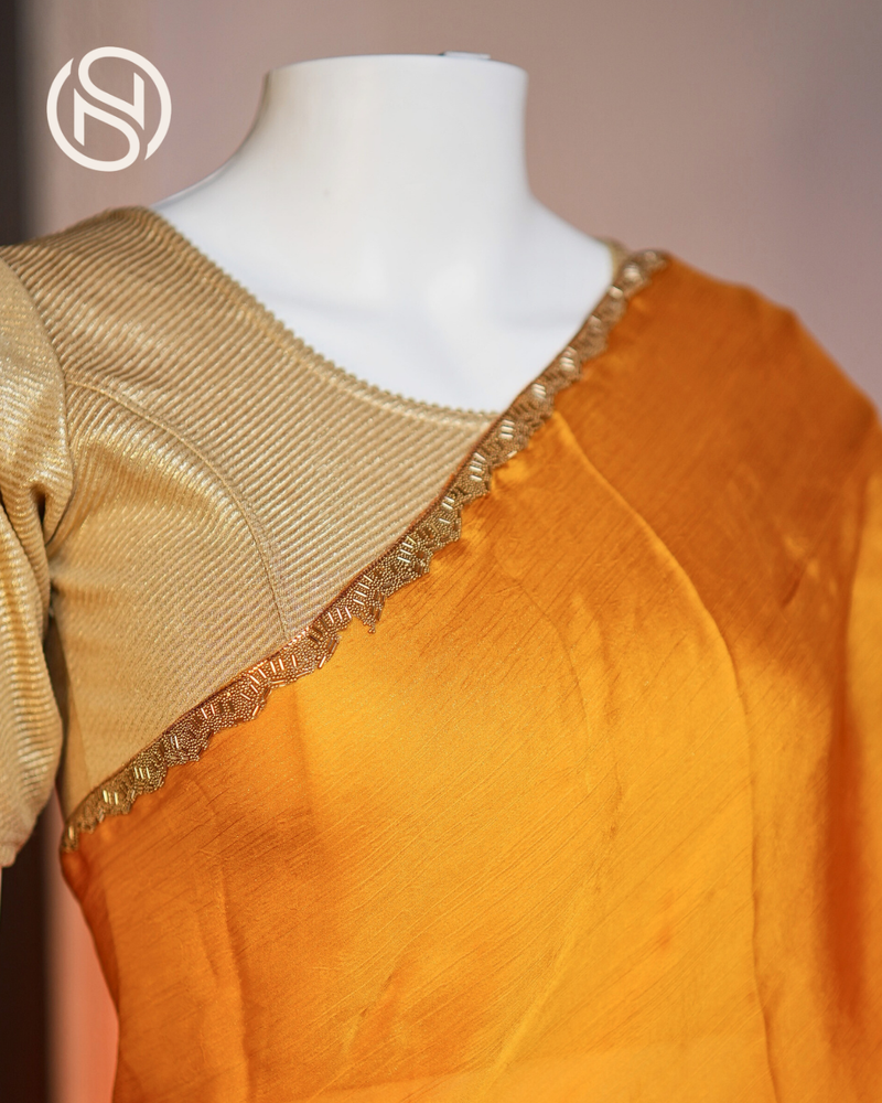 Minimal Luxe | Designer Plain Saree with Pearl & Beads Border | Yellow