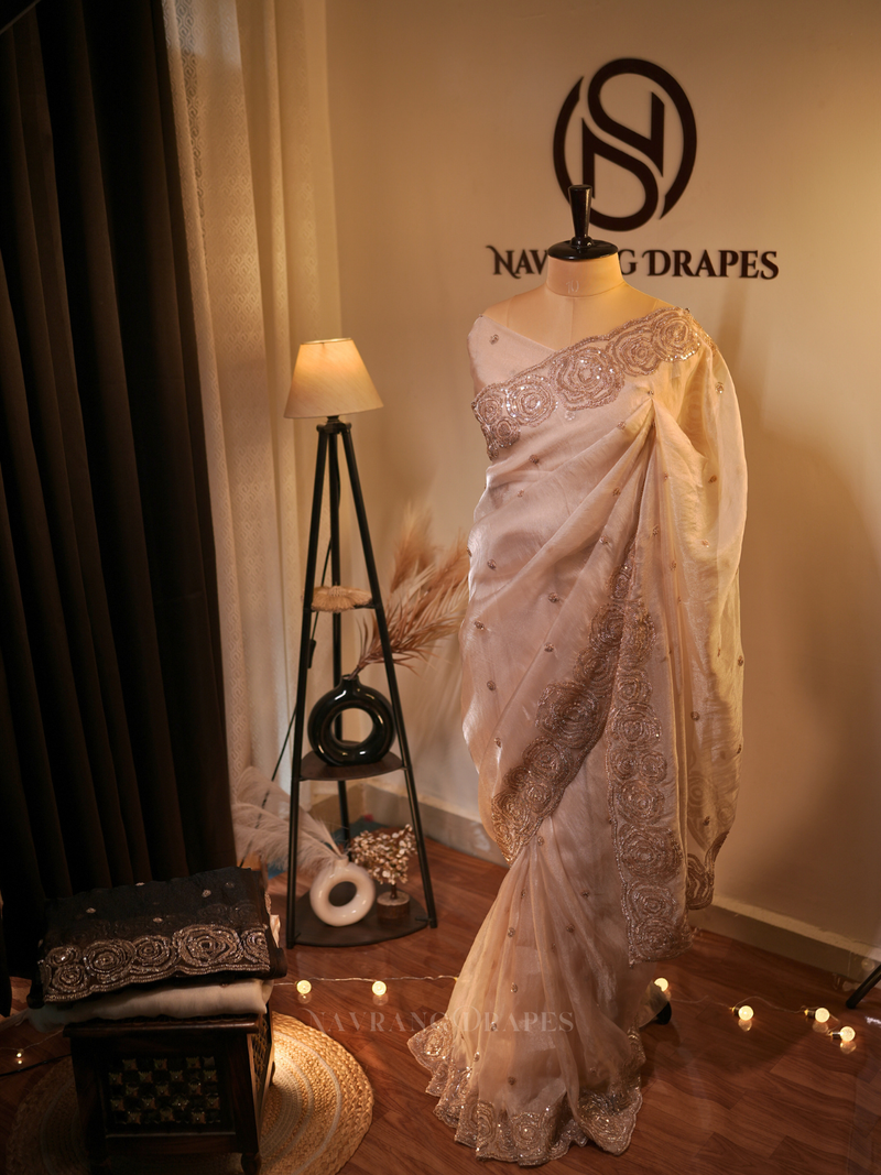 Noor-e-Banaras | Banarasi Soft Tissue Silk Saree with Handwork Border | Off-white