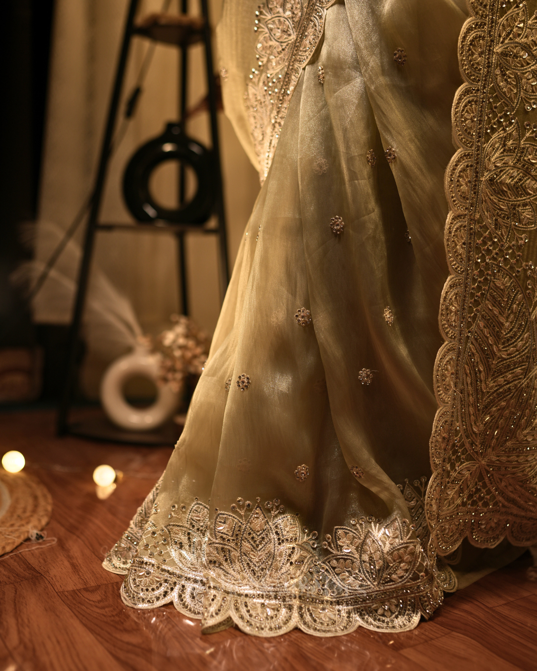 Weave Glow | Soft Tissue Saree with Floral Gotta Patti Work | Pastel Green