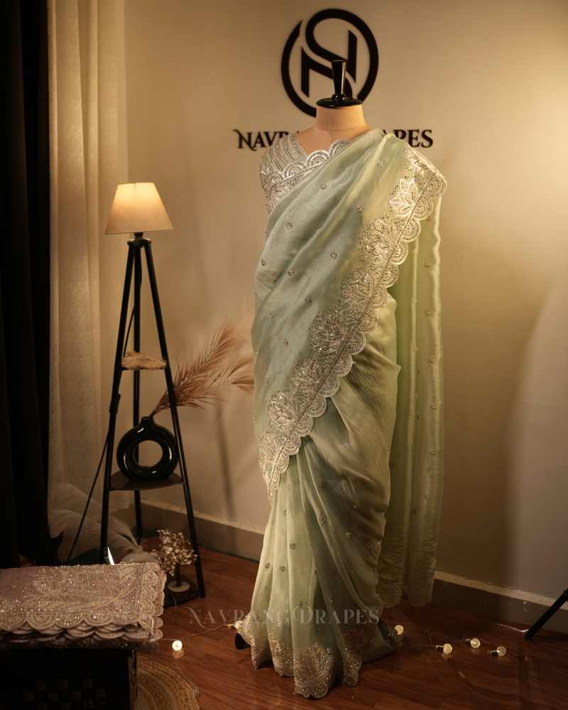 Weave Glow | Soft Tissue Saree with Floral Gotta Patti Work | Green