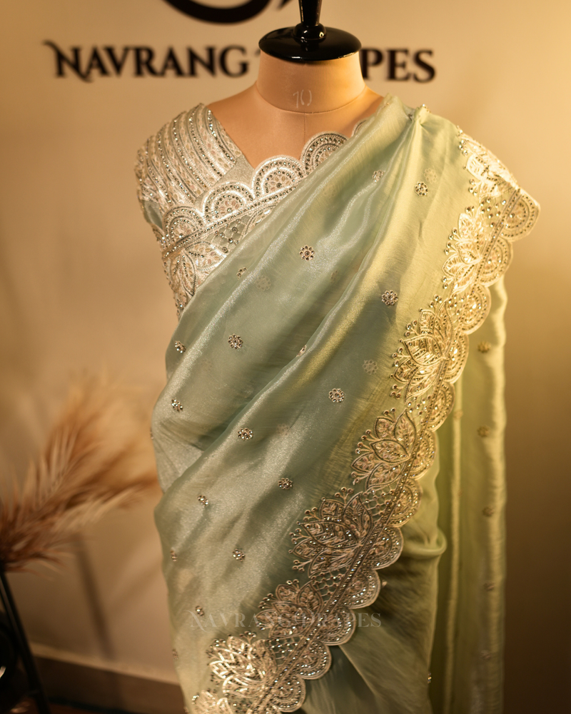 Weave Glow | Soft Tissue Saree with Floral Gotta Patti Work | Green