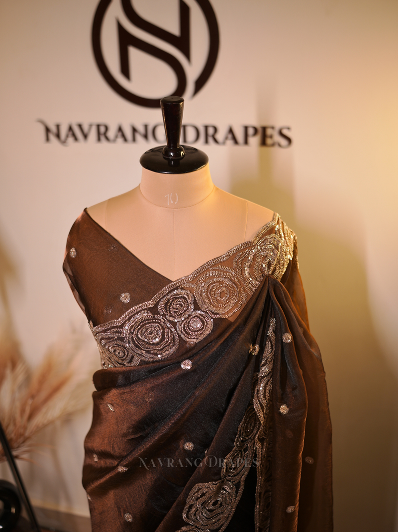 Noor-e-Banaras | Banarasi Soft Tissue Silk Saree with Handwork Border | Brown