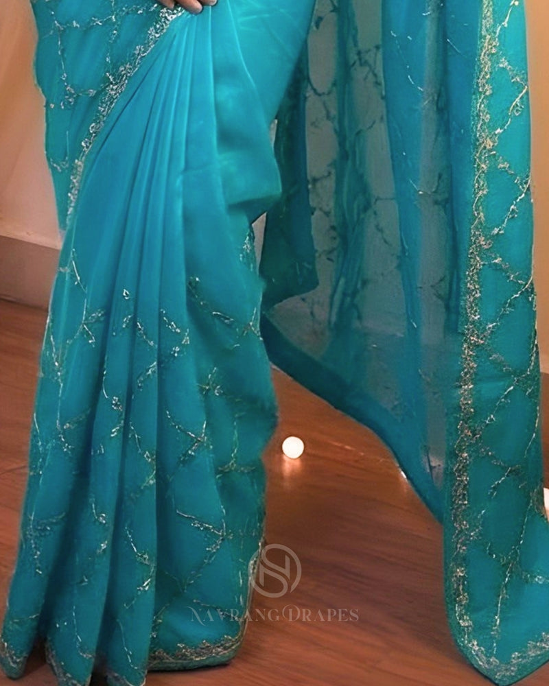 THE RAJWADA GOTA / FIROZI KINAR SAREE (BLUE)