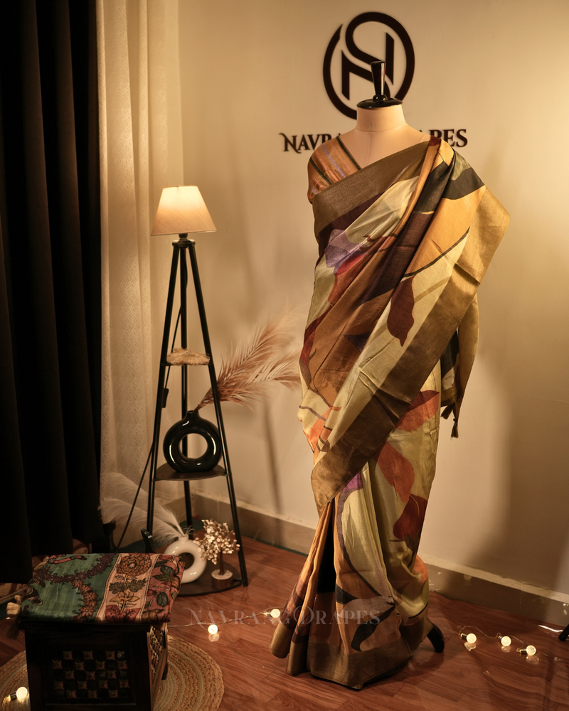 Floral Strokes – Green Printed Vegan Silk Saree