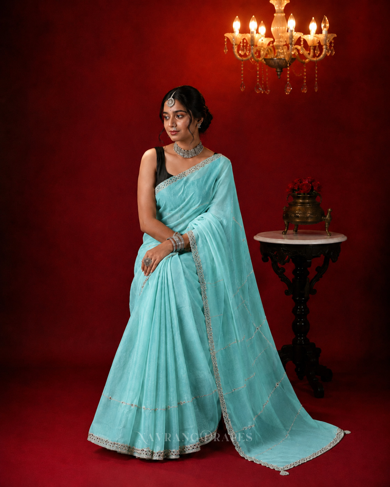 AQUA GREEN SWAROVSKI TISSUE SILK