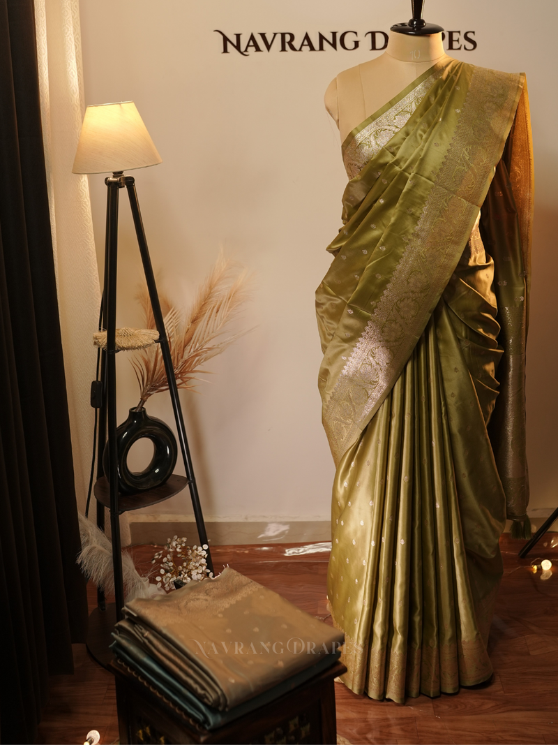 Imperial Jade – Banarasi Satin Silk Saree (Royal Pista)