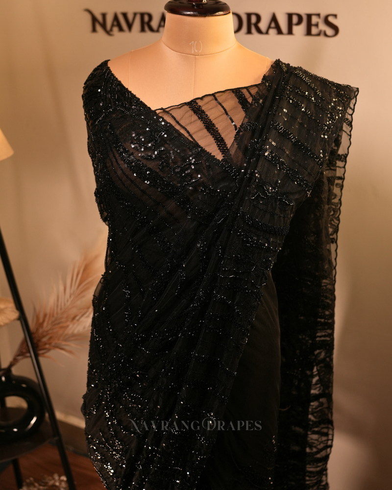 Luxe Mesh | Premium Soft Net Saree with Sequin Handwork | Black