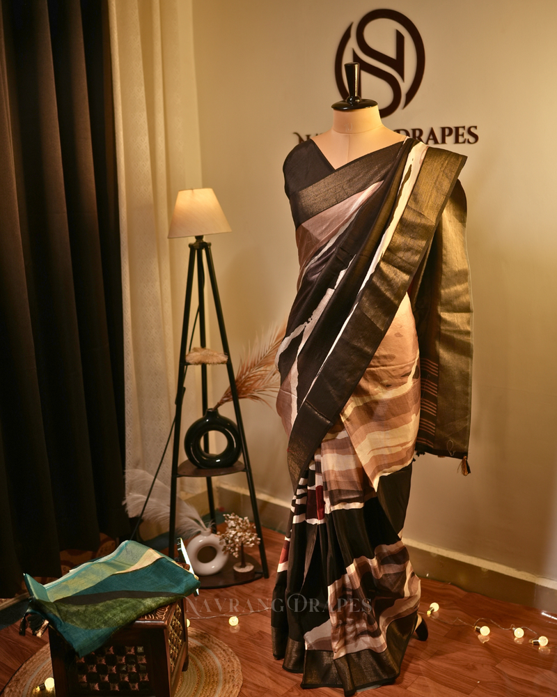 Midnight Bloom – Black Printed Vegan Silk Saree