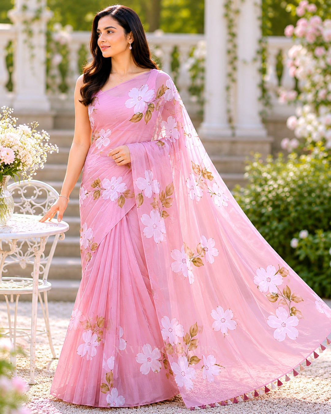 Tanya’s Canvas | Hand-Painted Glass Tissue Silk Saree | Pastel Pink