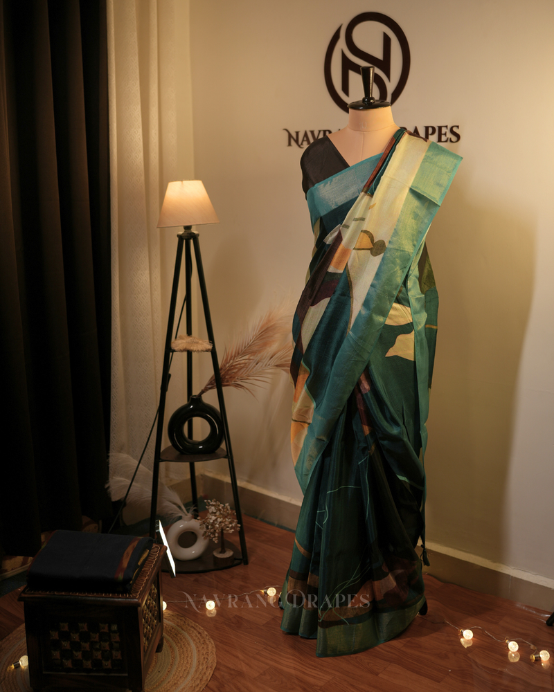 Floral Strokes – Sea Blue Printed Vegan Silk Saree