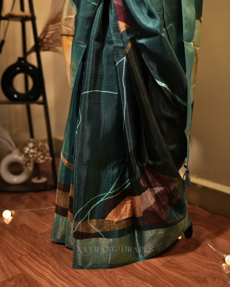 Floral Strokes – Sea Blue Printed Vegan Silk Saree