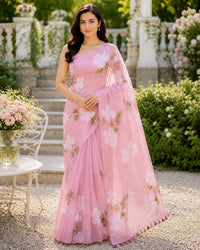 Tanya’s Canvas | Hand-Painted Glass Tissue Silk Saree | Pastel Pink