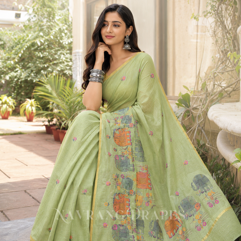 ELEPHANT MOTIF HAND WORK SAREE | GREEN