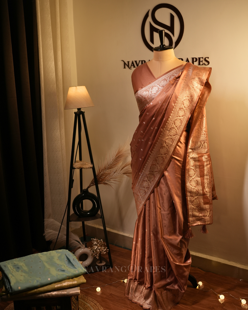 Imperial Jade – Banarasi Satin Silk Saree (Royal Brown)